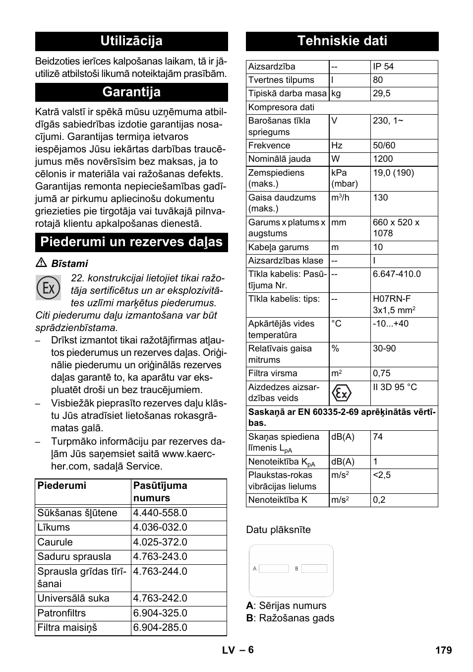 Utilizācija garantija piederumi un rezerves daļas, Tehniskie dati | Karcher NT 80-1 B1 M EU User Manual | Page 179 / 200