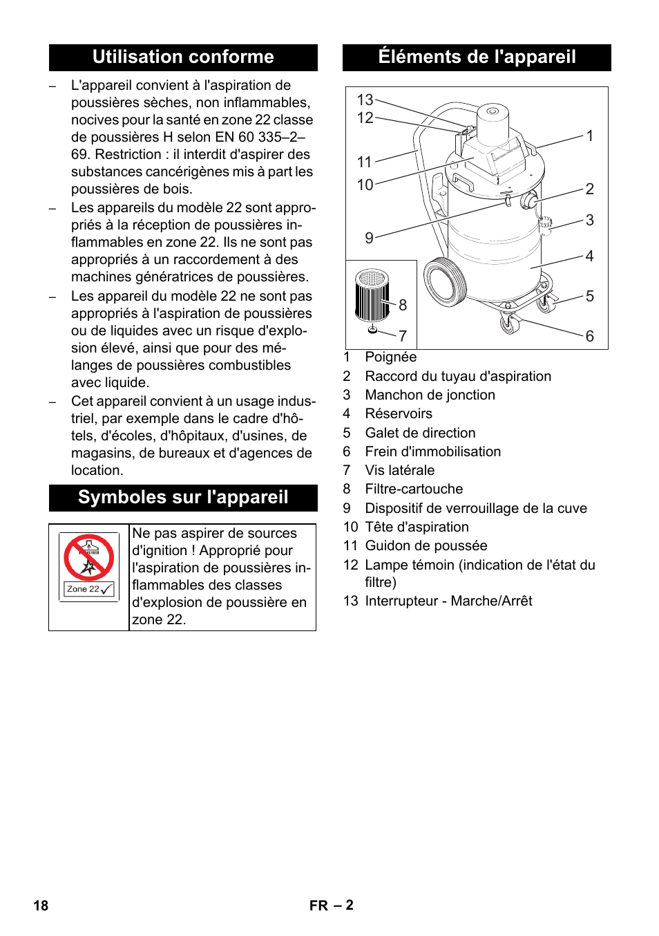 Utilisation conforme symboles sur l'appareil, Éléments de l'appareil | Karcher NT 80-1 B1 M EU User Manual | Page 18 / 200