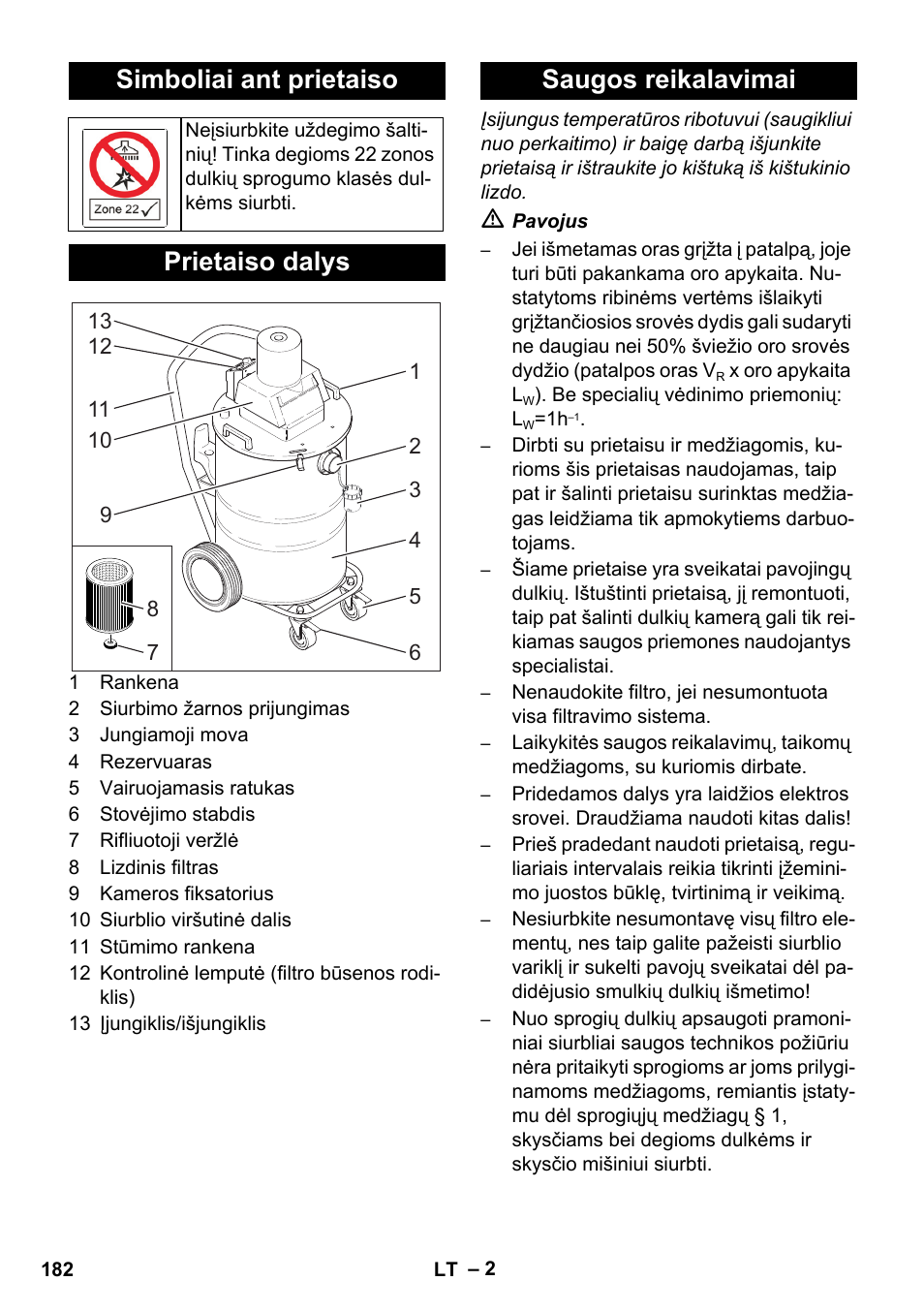 Simboliai ant prietaiso, Prietaiso dalys, Saugos reikalavimai | Karcher NT 80-1 B1 M EU User Manual | Page 182 / 200