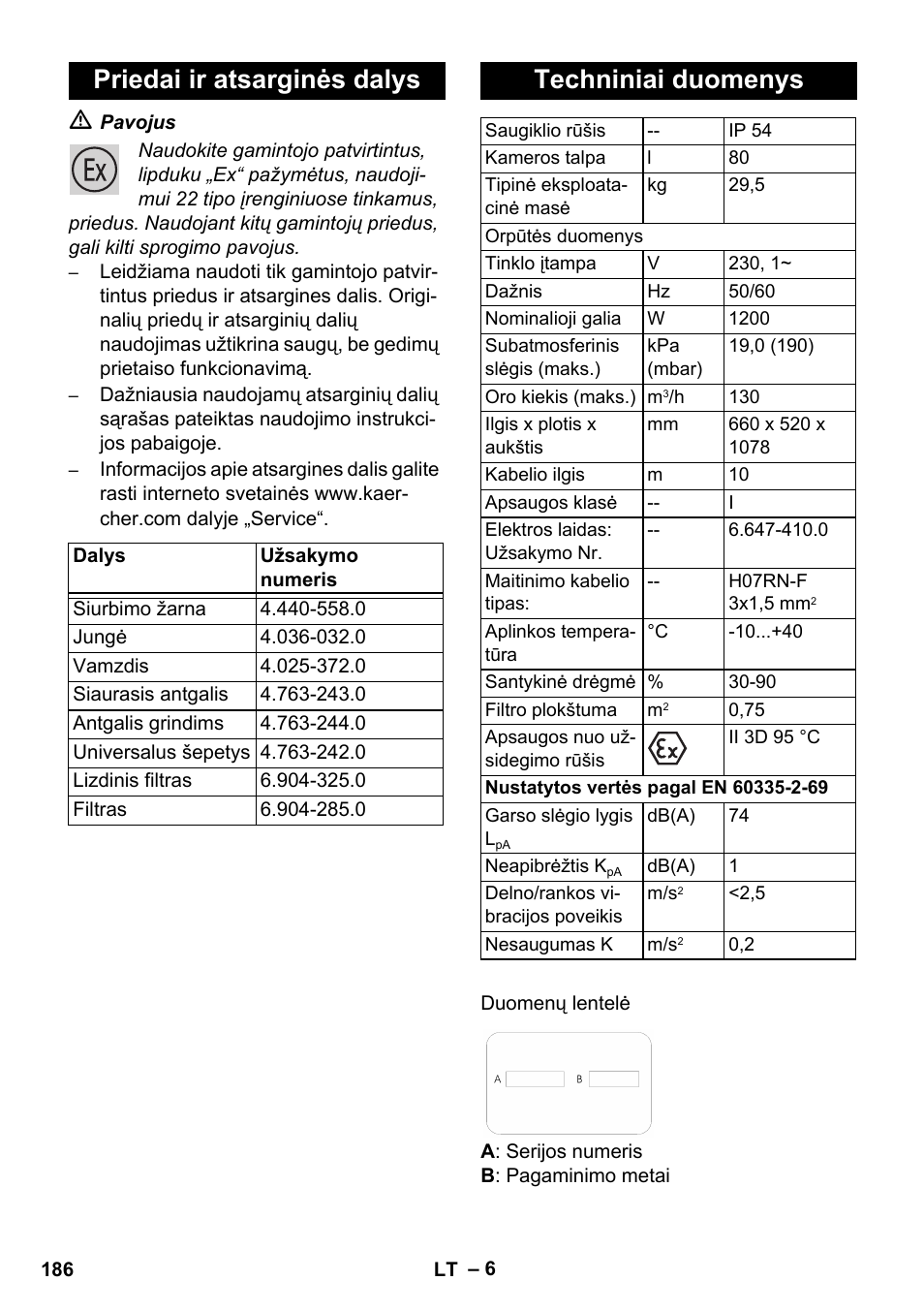 Priedai ir atsarginės dalys, Techniniai duomenys | Karcher NT 80-1 B1 M EU User Manual | Page 186 / 200