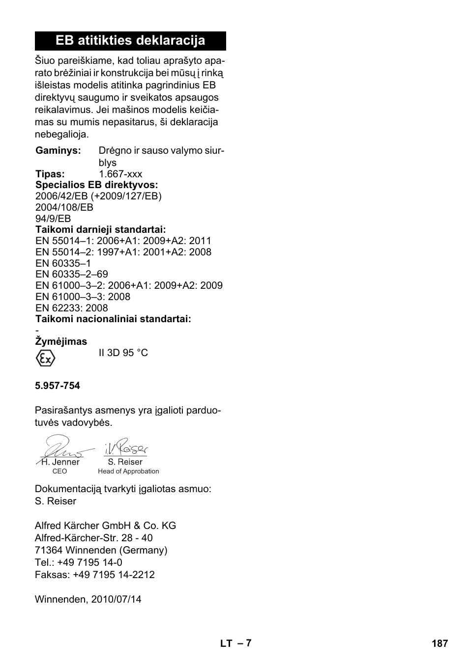 Eb atitikties deklaracija | Karcher NT 80-1 B1 M EU User Manual | Page 187 / 200