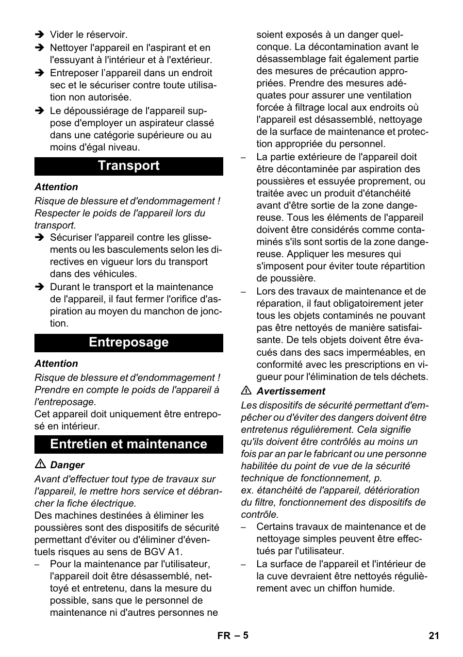 Transport entreposage entretien et maintenance | Karcher NT 80-1 B1 M EU User Manual | Page 21 / 200