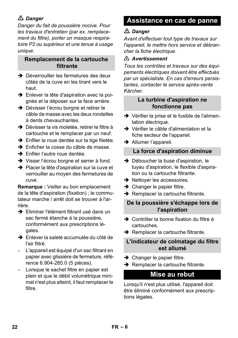 Assistance en cas de panne, Mise au rebut | Karcher NT 80-1 B1 M EU User Manual | Page 22 / 200