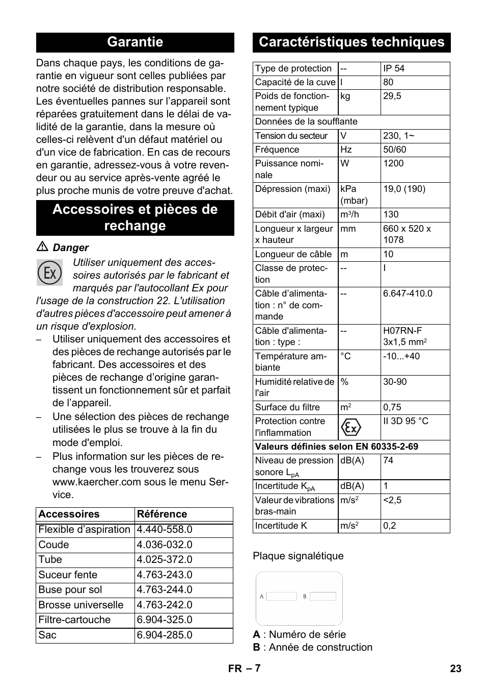 Garantie accessoires et pièces de rechange, Caractéristiques techniques | Karcher NT 80-1 B1 M EU User Manual | Page 23 / 200
