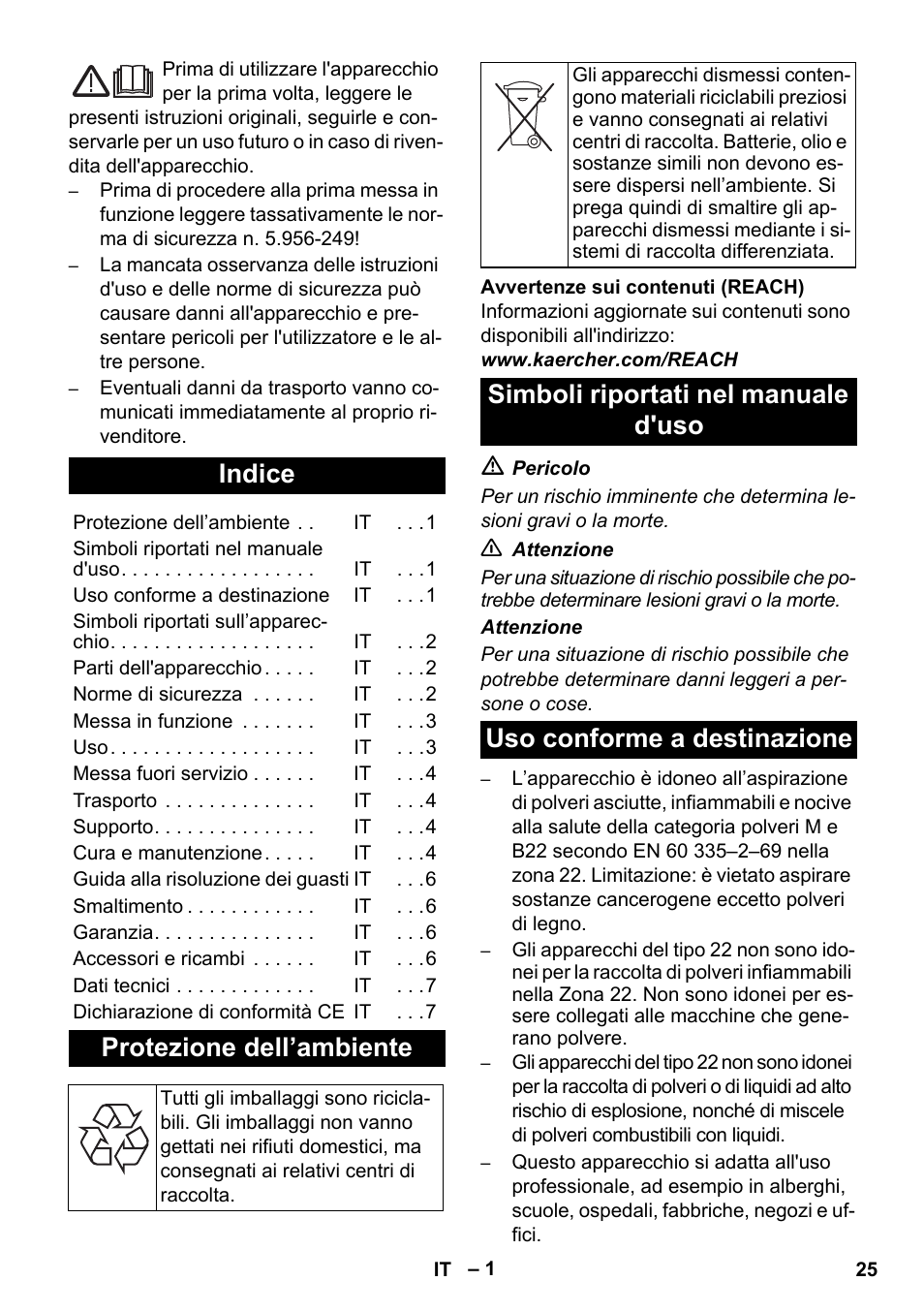 Italiano, Indice, Protezione dell’ambiente | Karcher NT 80-1 B1 M EU User Manual | Page 25 / 200