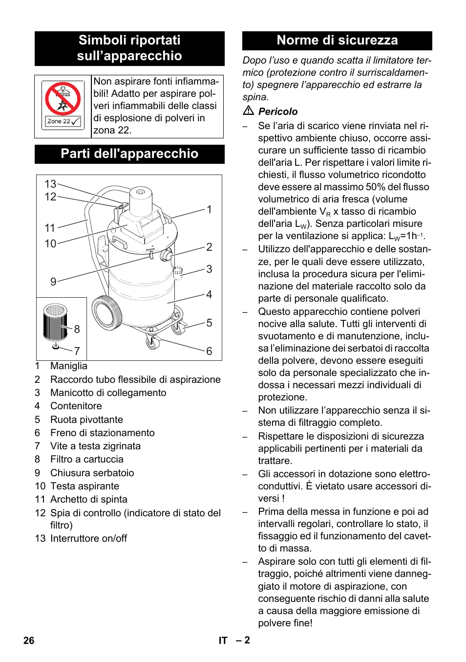 Simboli riportati sull’apparecchio, Parti dell'apparecchio, Norme di sicurezza | Karcher NT 80-1 B1 M EU User Manual | Page 26 / 200