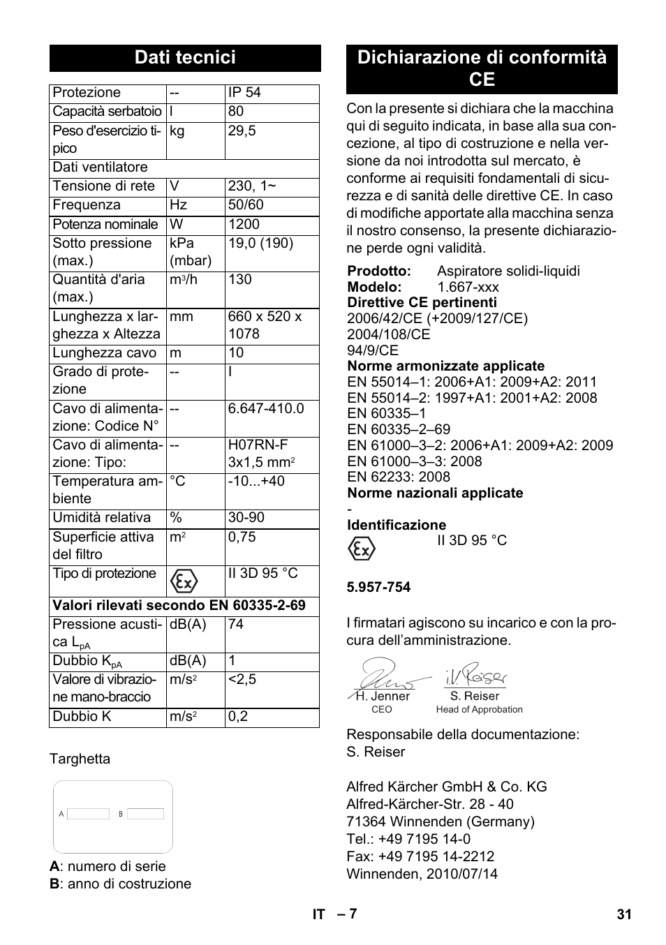 Dati tecnici, Dichiarazione di conformità ce | Karcher NT 80-1 B1 M EU User Manual | Page 31 / 200