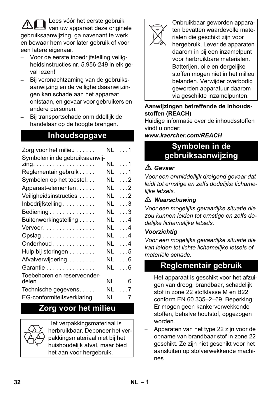 Nederlands, Inhoudsopgave, Zorg voor het milieu | Karcher NT 80-1 B1 M EU User Manual | Page 32 / 200