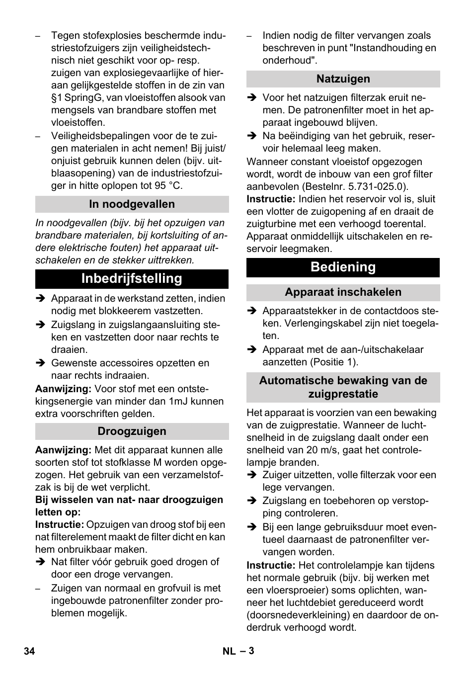 Inbedrijfstelling, Bediening | Karcher NT 80-1 B1 M EU User Manual | Page 34 / 200