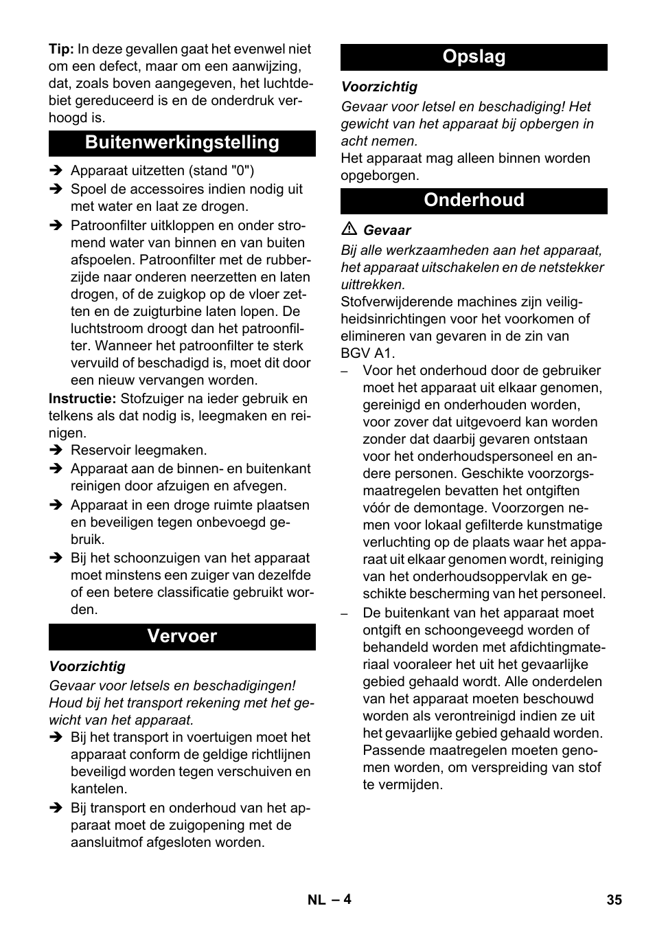 Buitenwerkingstelling vervoer opslag onderhoud | Karcher NT 80-1 B1 M EU User Manual | Page 35 / 200