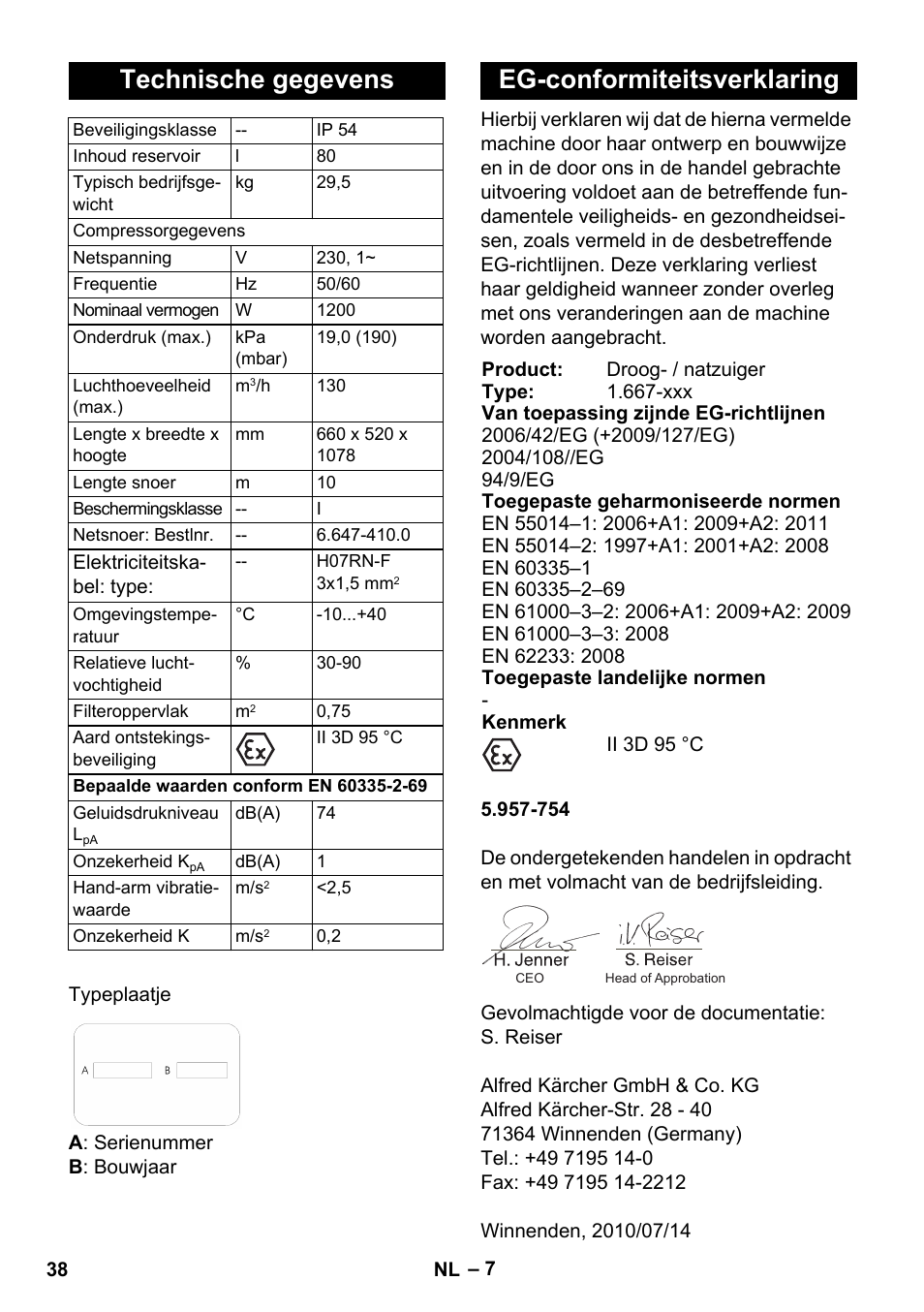 Technische gegevens, Eg-conformiteitsverklaring | Karcher NT 80-1 B1 M EU User Manual | Page 38 / 200
