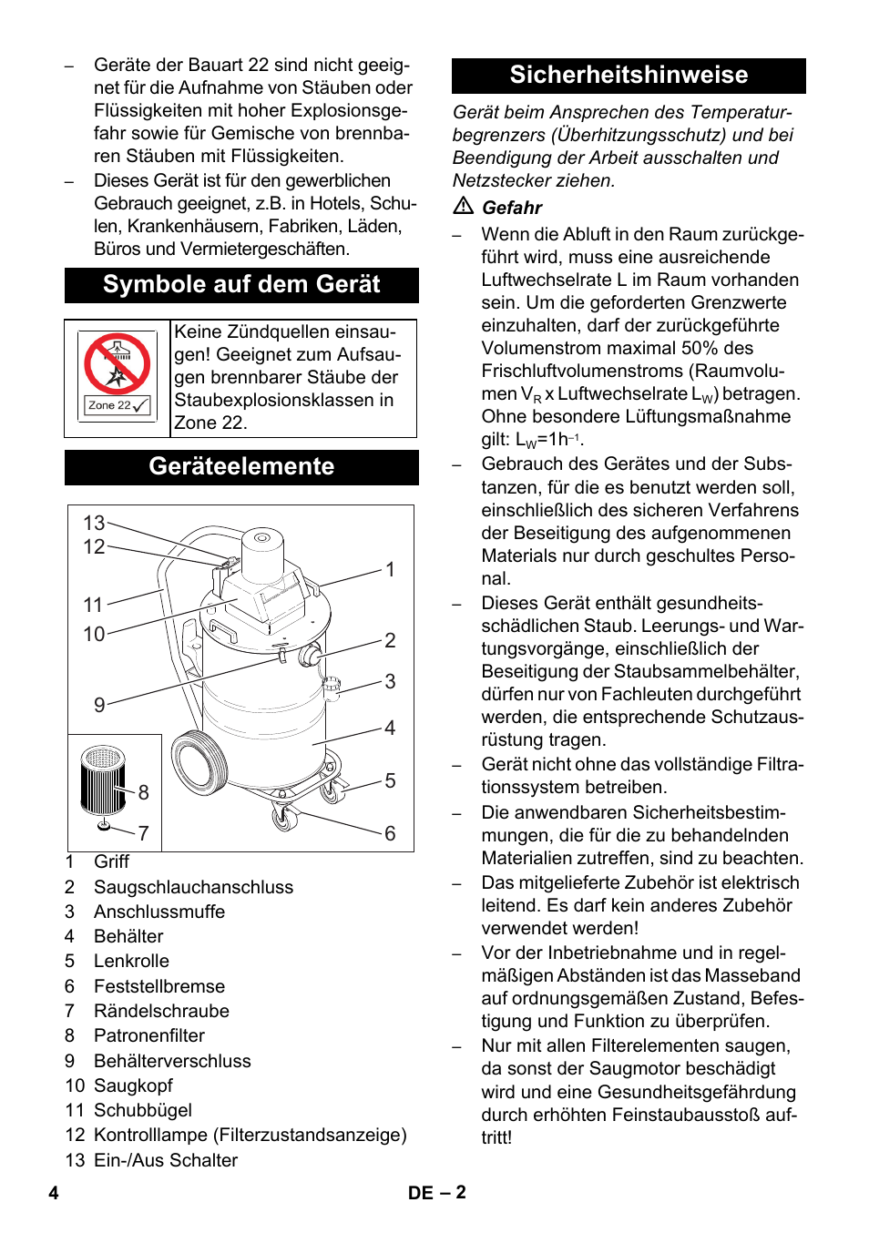 Symbole auf dem gerät, Geräteelemente, Sicherheitshinweise | Karcher NT 80-1 B1 M EU User Manual | Page 4 / 200