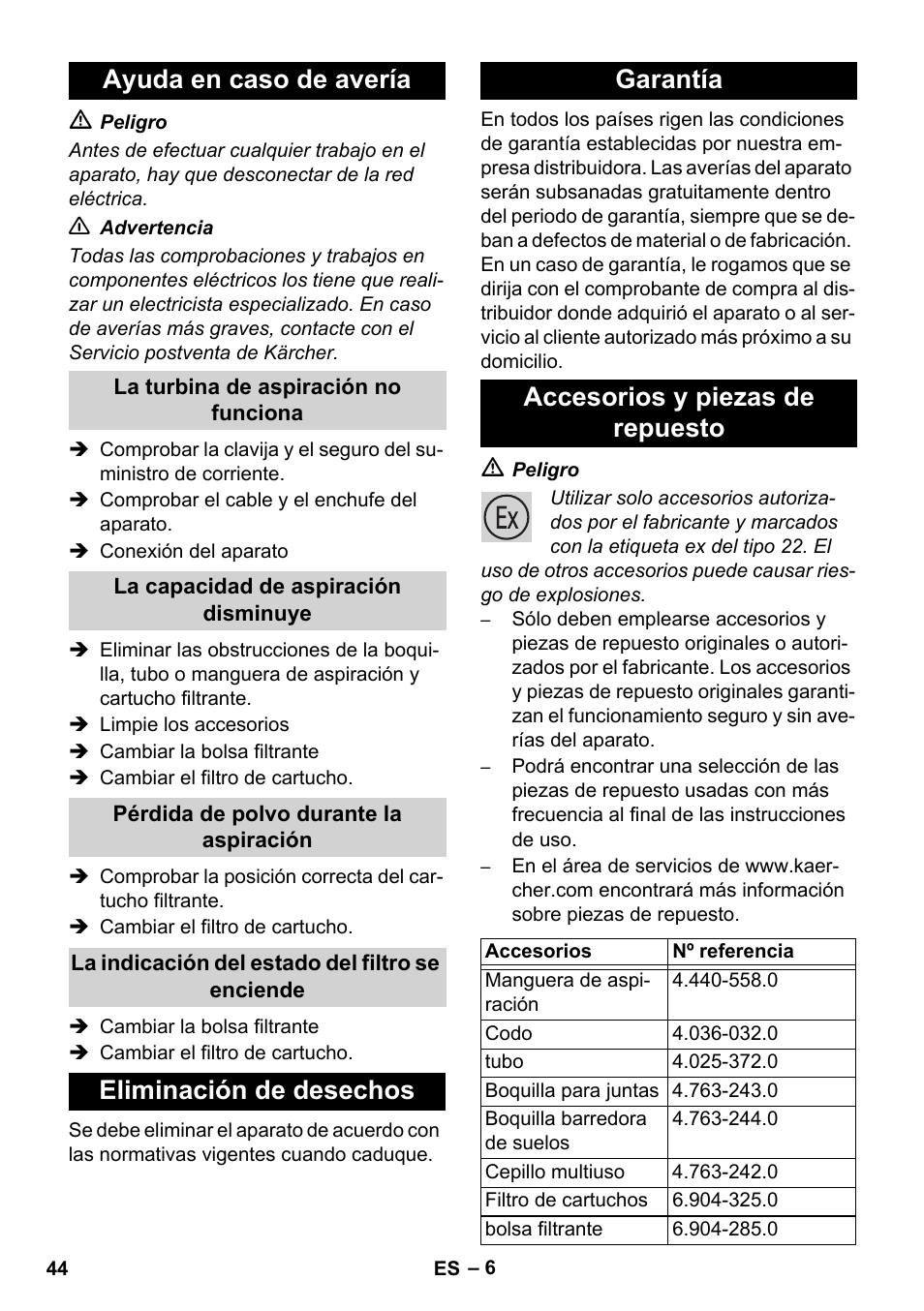 Ayuda en caso de avería | Karcher NT 80-1 B1 M EU User Manual | Page 44 / 200