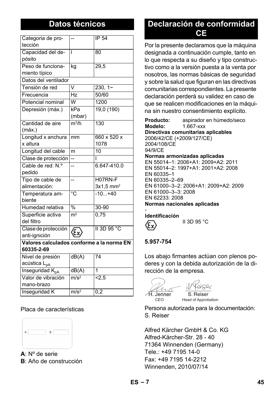 Datos técnicos, Declaración de conformidad ce | Karcher NT 80-1 B1 M EU User Manual | Page 45 / 200