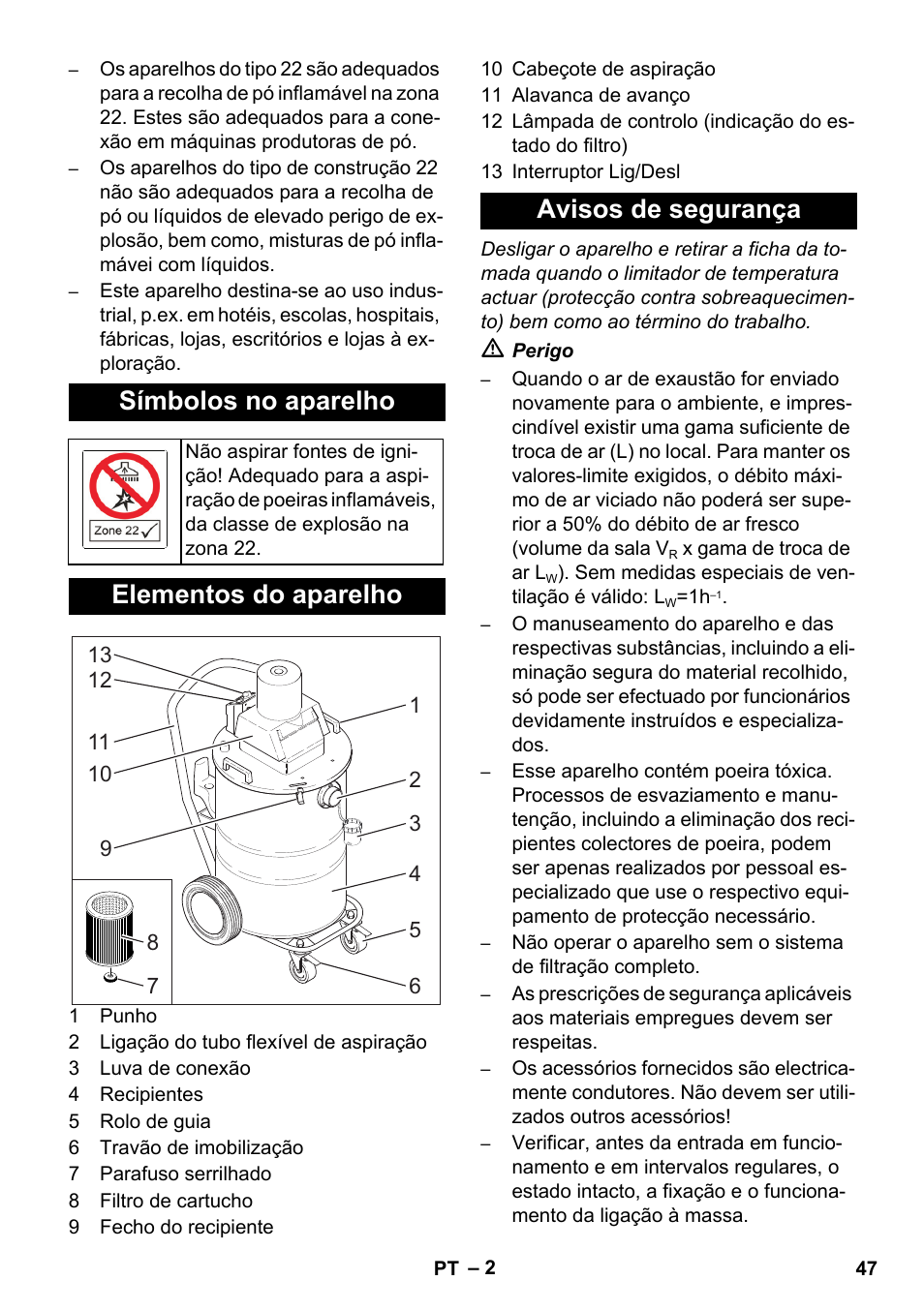 Símbolos no aparelho, Elementos do aparelho, Avisos de segurança | Karcher NT 80-1 B1 M EU User Manual | Page 47 / 200