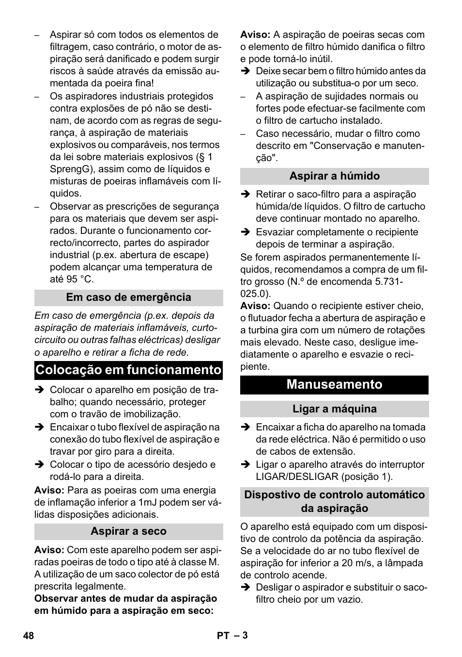 Colocação em funcionamento, Manuseamento | Karcher NT 80-1 B1 M EU User Manual | Page 48 / 200