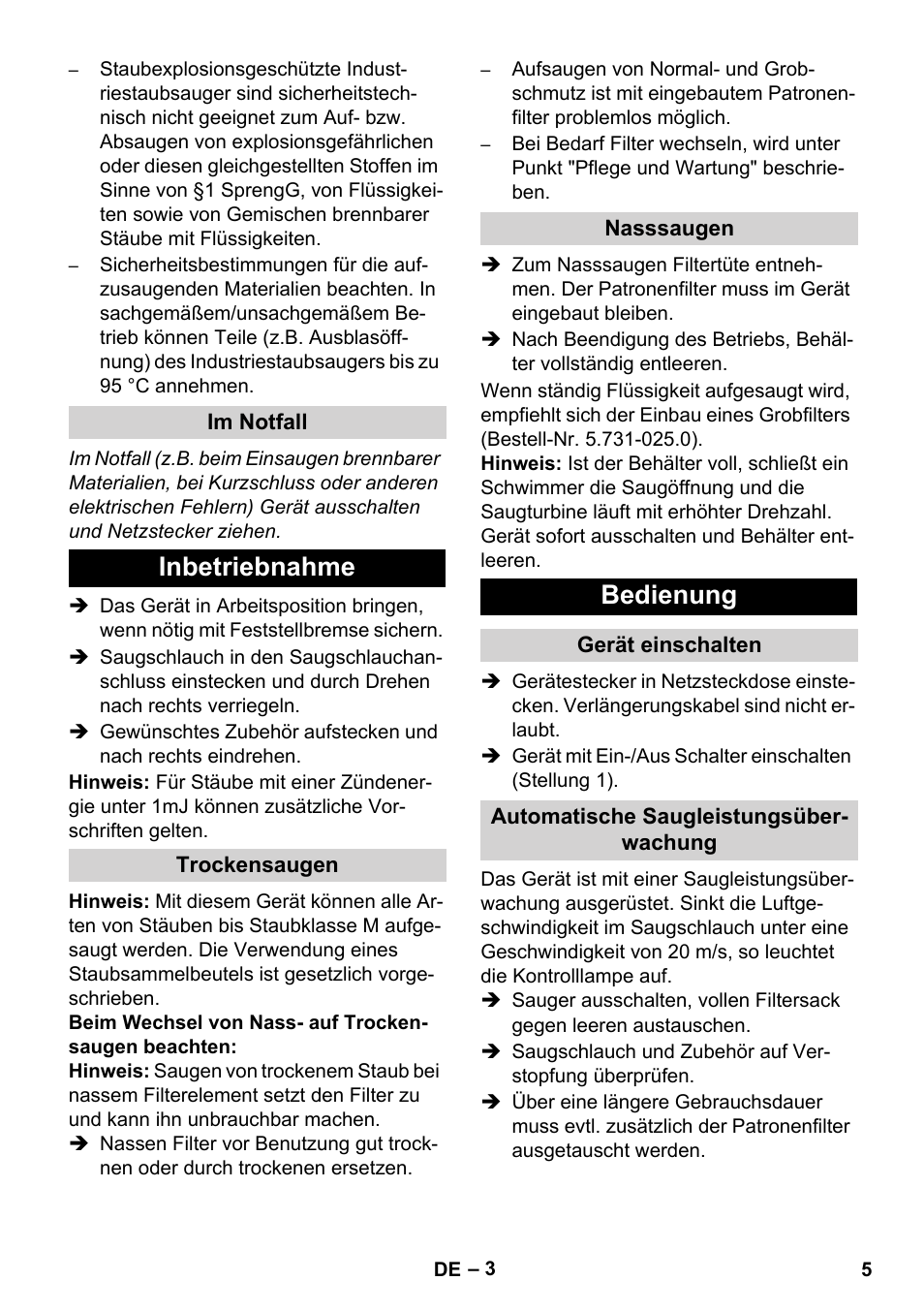 Inbetriebnahme, Bedienung | Karcher NT 80-1 B1 M EU User Manual | Page 5 / 200