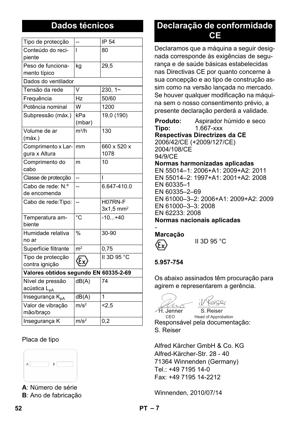 Dados técnicos, Declaração de conformidade ce | Karcher NT 80-1 B1 M EU User Manual | Page 52 / 200