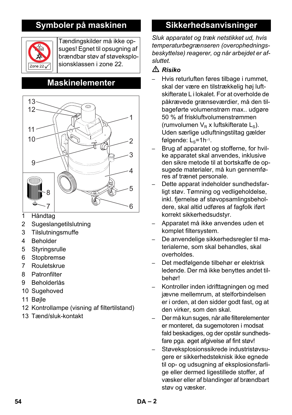 Symboler på maskinen, Maskinelementer, Sikkerhedsanvisninger | Karcher NT 80-1 B1 M EU User Manual | Page 54 / 200