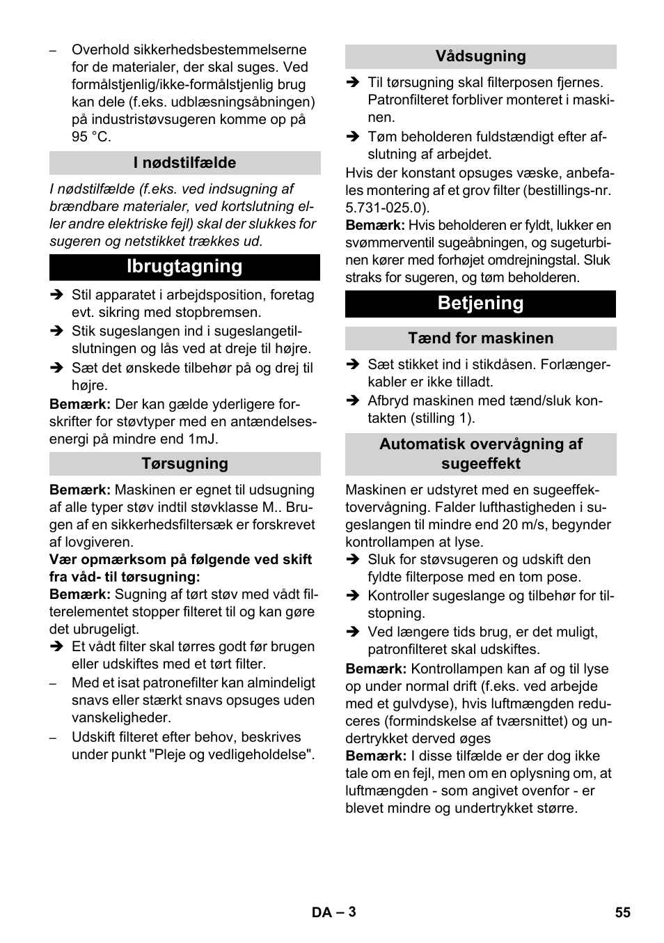 Ibrugtagning, Betjening | Karcher NT 80-1 B1 M EU User Manual | Page 55 / 200