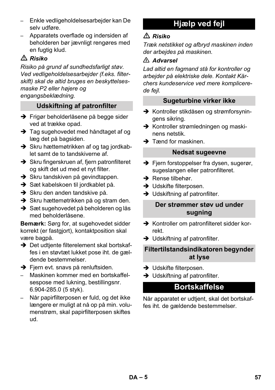 Hjælp ved fejl, Bortskaffelse | Karcher NT 80-1 B1 M EU User Manual | Page 57 / 200