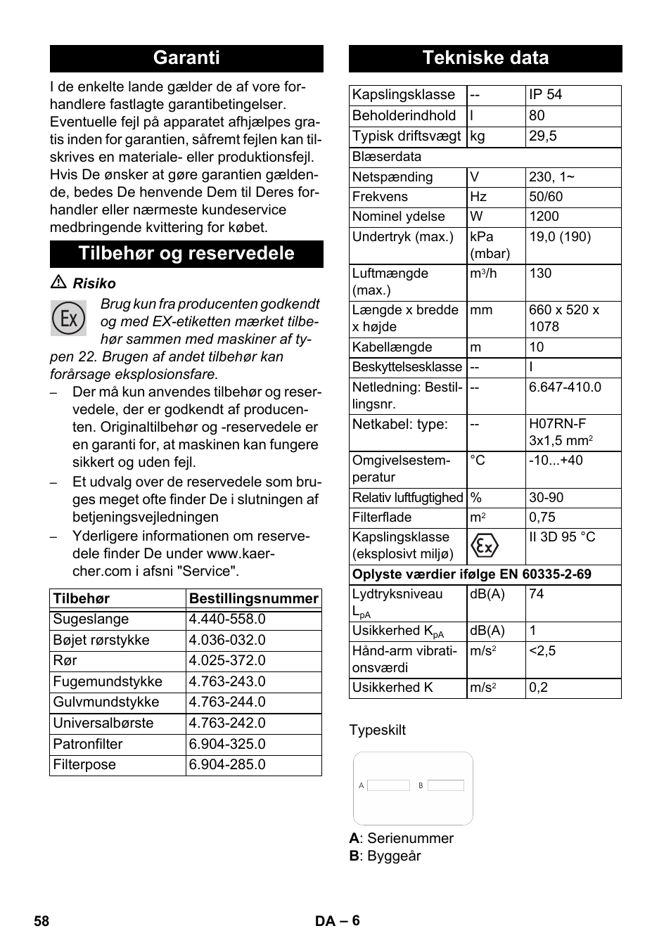 Garanti tilbehør og reservedele, Tekniske data | Karcher NT 80-1 B1 M EU User Manual | Page 58 / 200