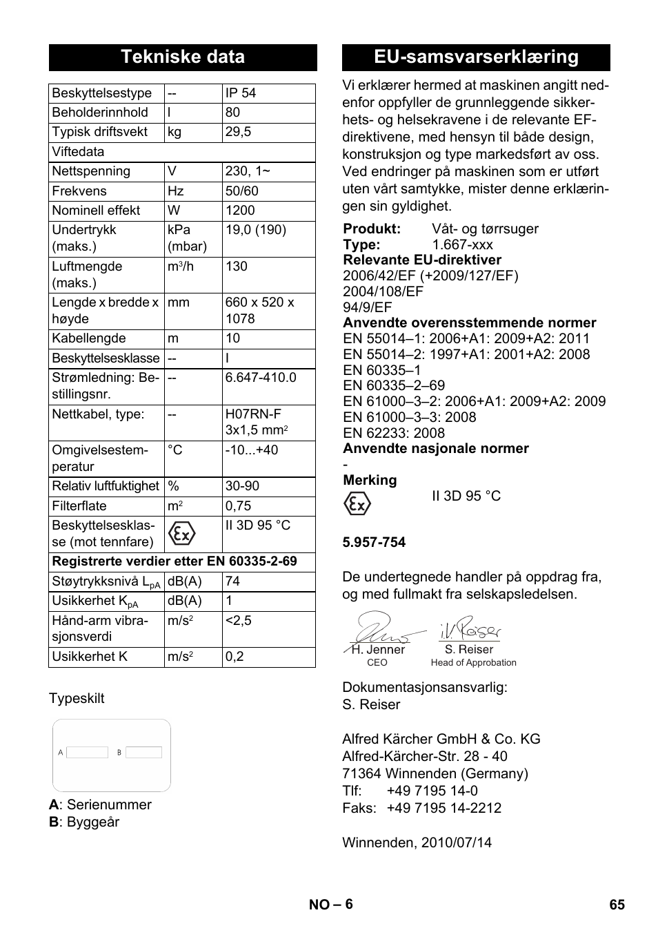 Tekniske data, Eu-samsvarserklæring | Karcher NT 80-1 B1 M EU User Manual | Page 65 / 200