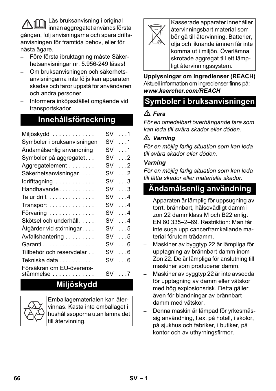 Svenska, Innehållsförteckning, Miljöskydd | Karcher NT 80-1 B1 M EU User Manual | Page 66 / 200