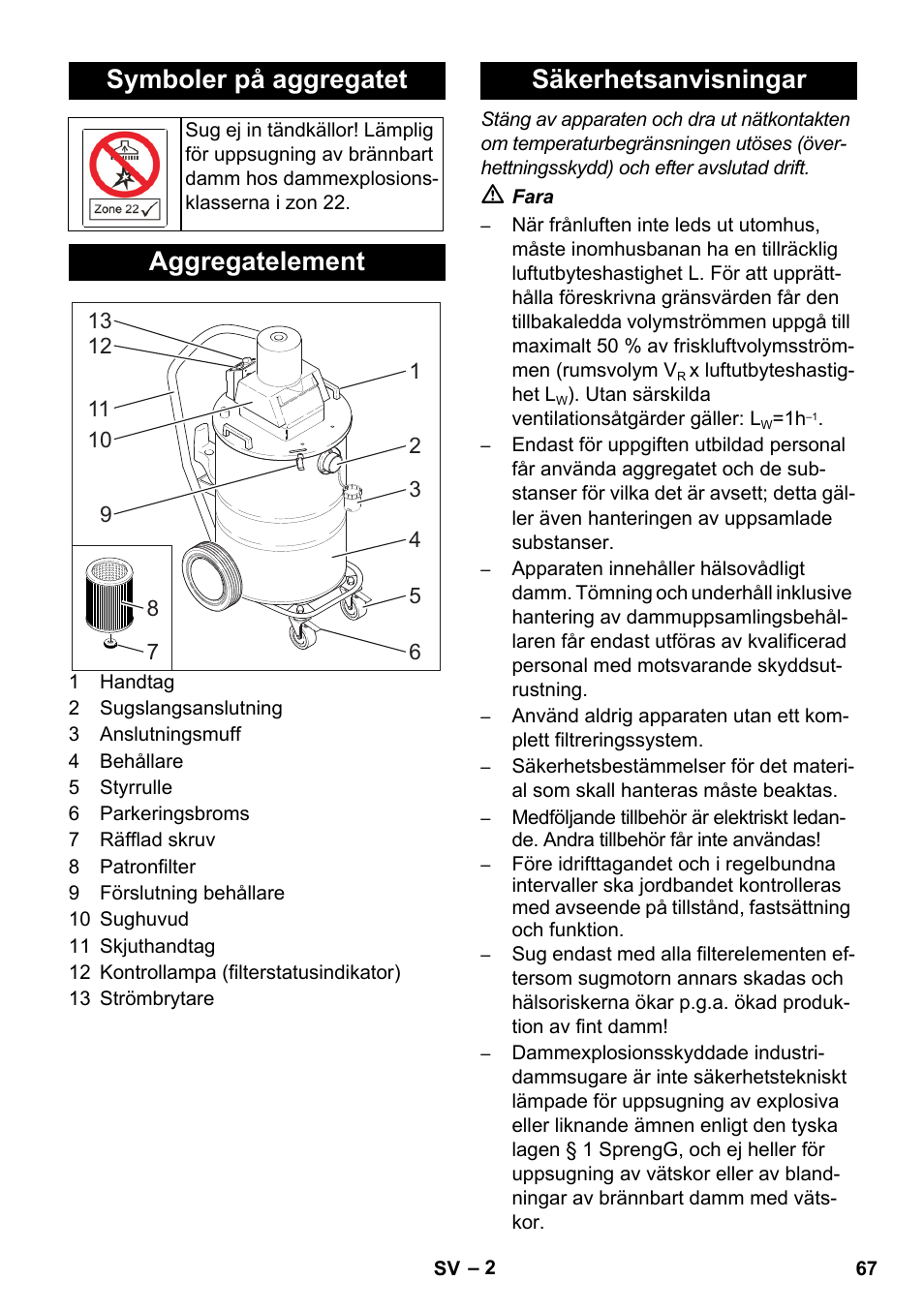 Symboler på aggregatet, Aggregatelement, Säkerhetsanvisningar | Karcher NT 80-1 B1 M EU User Manual | Page 67 / 200