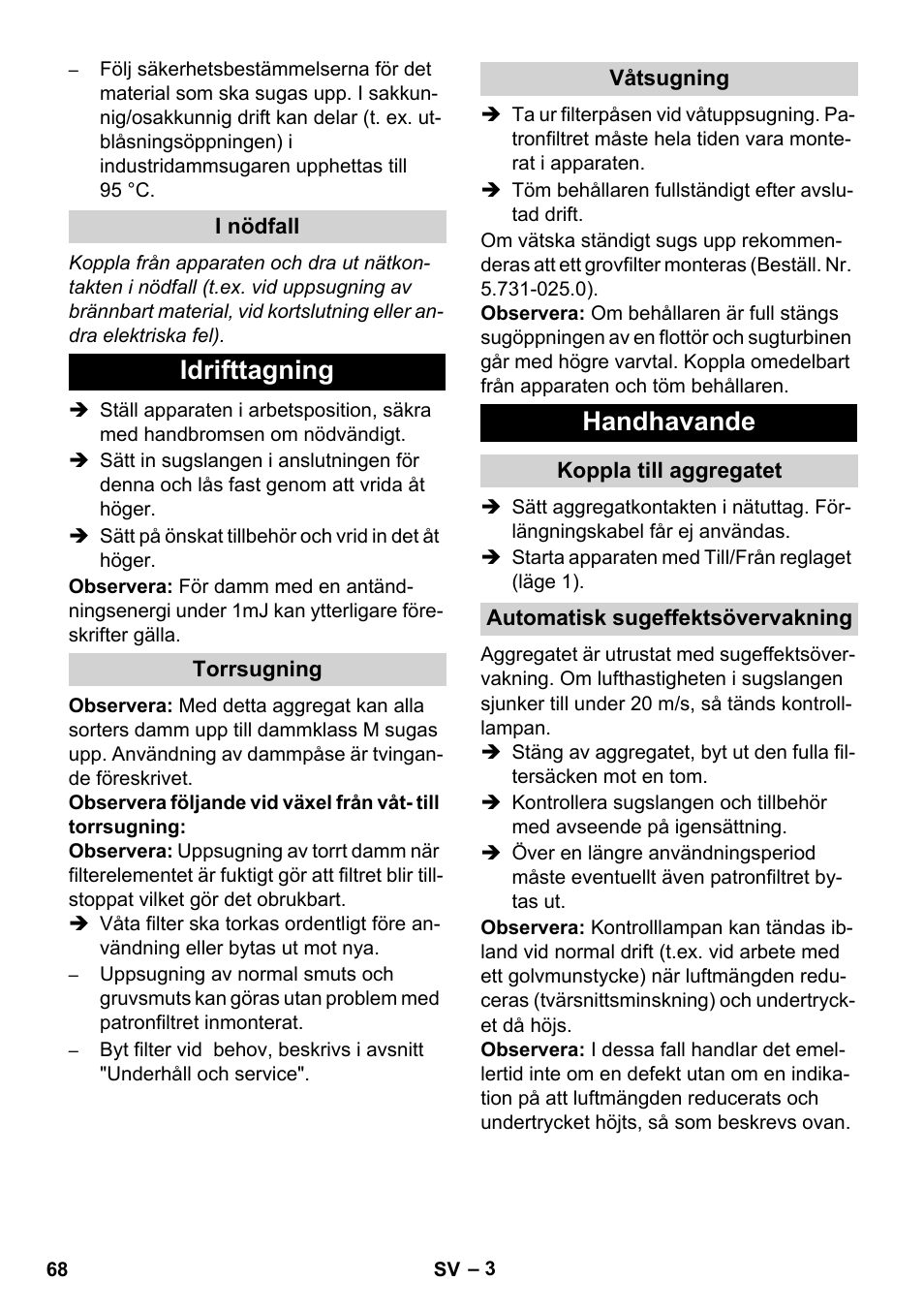 Idrifttagning, Handhavande | Karcher NT 80-1 B1 M EU User Manual | Page 68 / 200