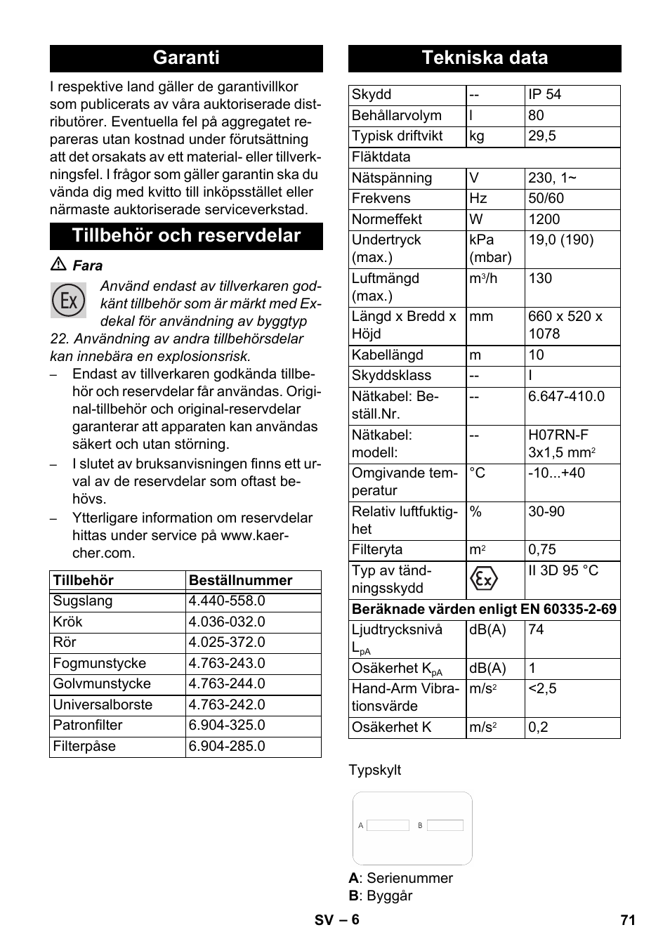 Garanti tillbehör och reservdelar, Tekniska data | Karcher NT 80-1 B1 M EU User Manual | Page 71 / 200