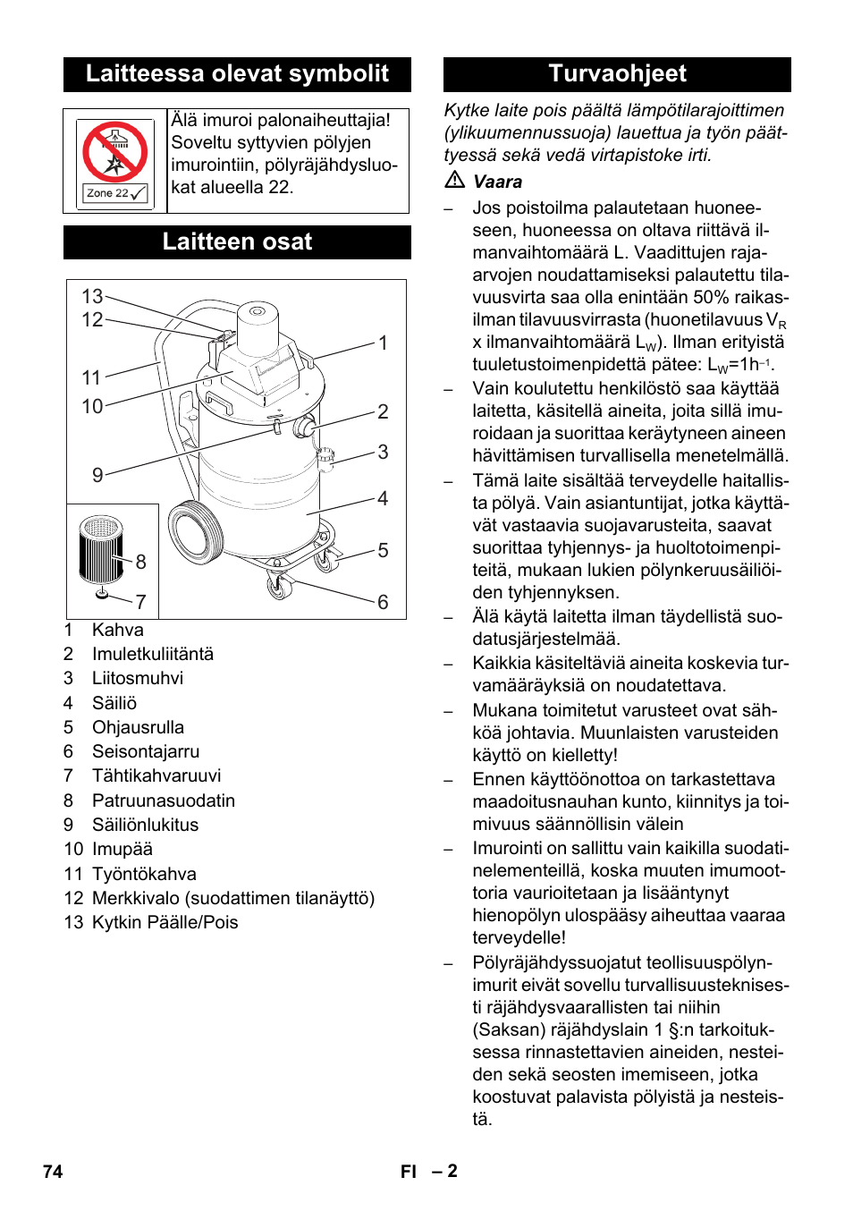 Laitteessa olevat symbolit, Laitteen osat, Turvaohjeet | Karcher NT 80-1 B1 M EU User Manual | Page 74 / 200