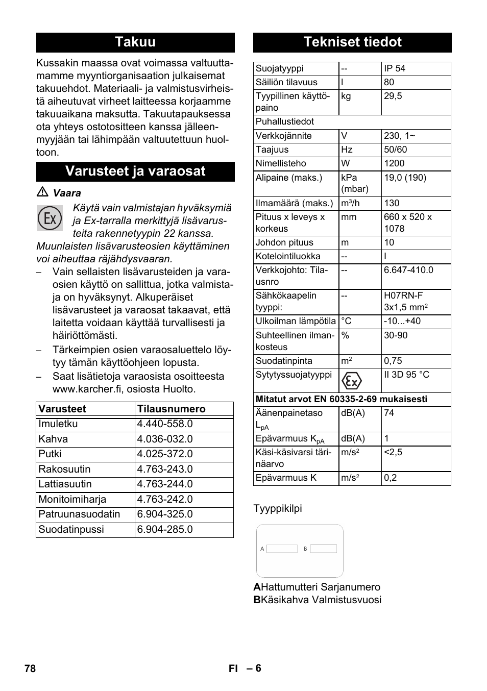 Takuu varusteet ja varaosat, Tekniset tiedot | Karcher NT 80-1 B1 M EU User Manual | Page 78 / 200