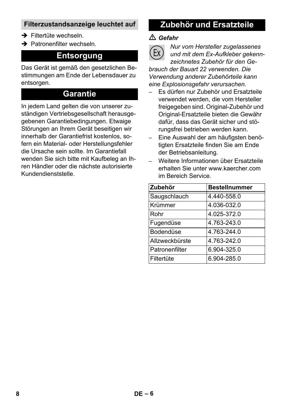 Entsorgung garantie zubehör und ersatzteile | Karcher NT 80-1 B1 M EU User Manual | Page 8 / 200