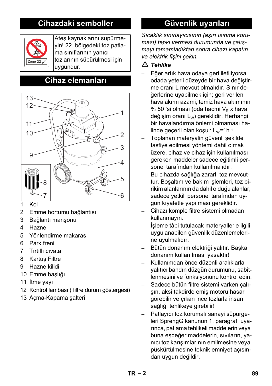 Cihazdaki semboller, Cihaz elemanları, Güvenlik uyarıları | Karcher NT 80-1 B1 M EU User Manual | Page 89 / 200
