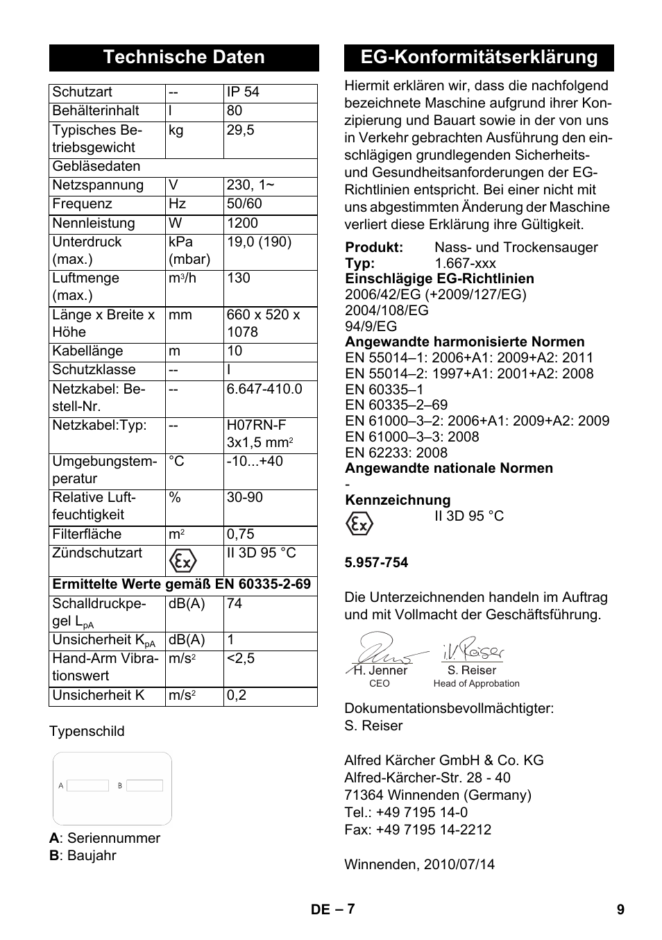 Technische daten, Eg-konformitätserklärung | Karcher NT 80-1 B1 M EU User Manual | Page 9 / 200