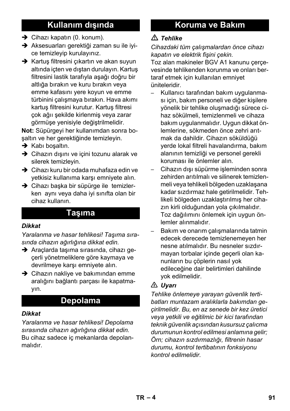 Kullanım dışında taşıma depolama koruma ve bakım | Karcher NT 80-1 B1 M EU User Manual | Page 91 / 200