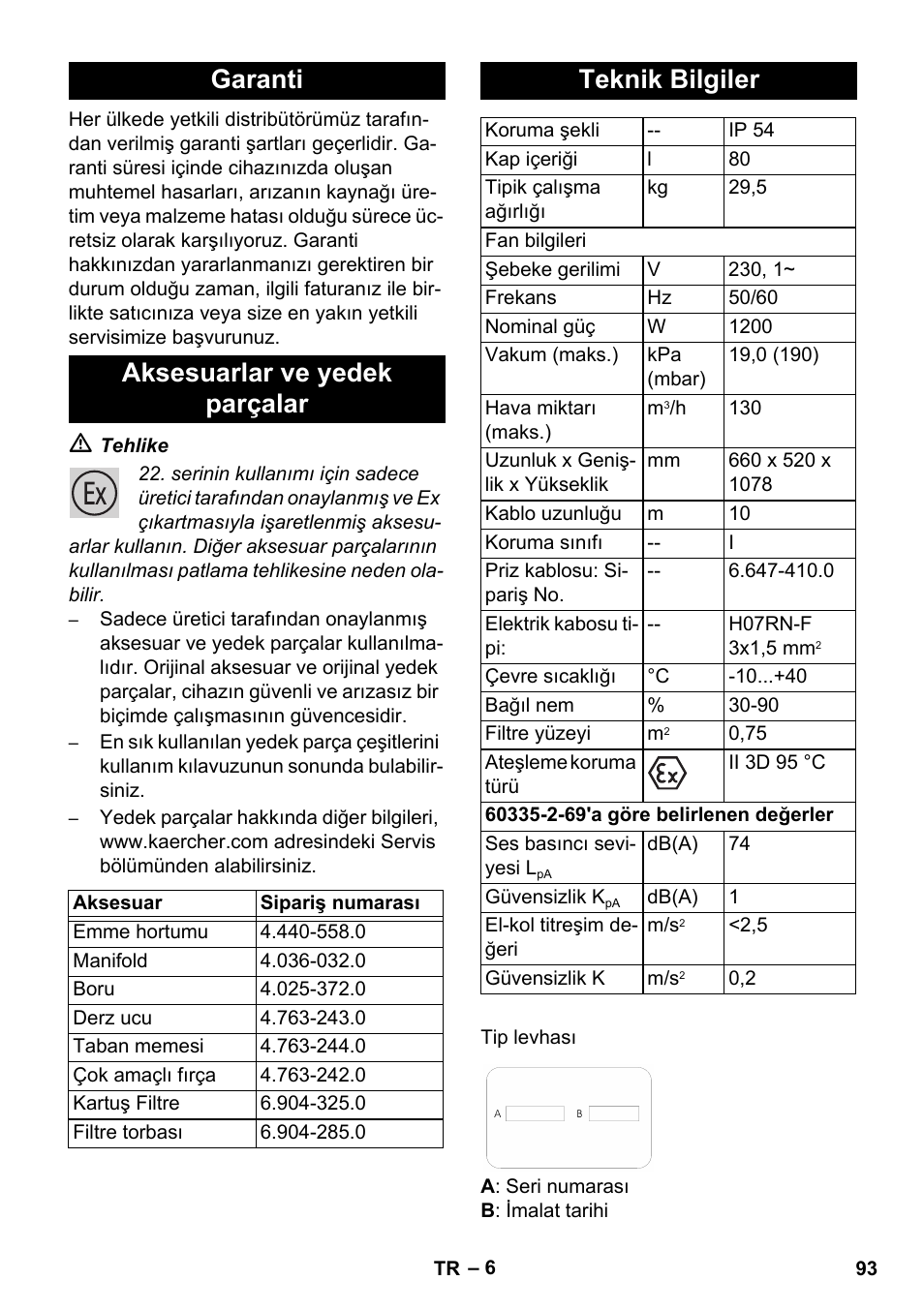 Garanti aksesuarlar ve yedek parçalar, Teknik bilgiler | Karcher NT 80-1 B1 M EU User Manual | Page 93 / 200