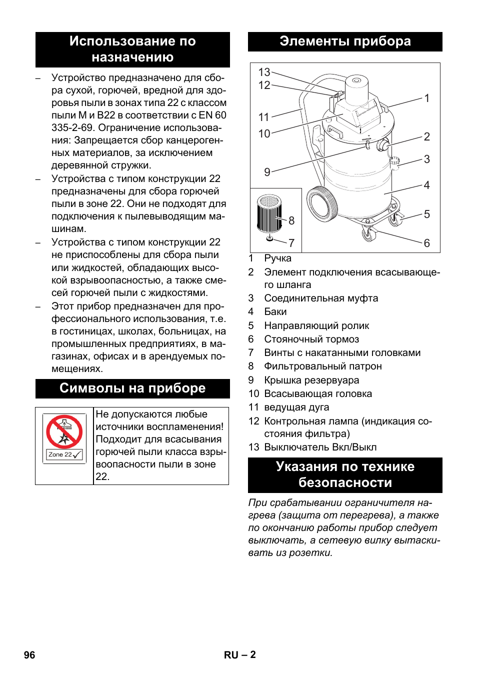 Использование по назначению символы на приборе, Элементы прибора указания по технике безопасности | Karcher NT 80-1 B1 M EU User Manual | Page 96 / 200