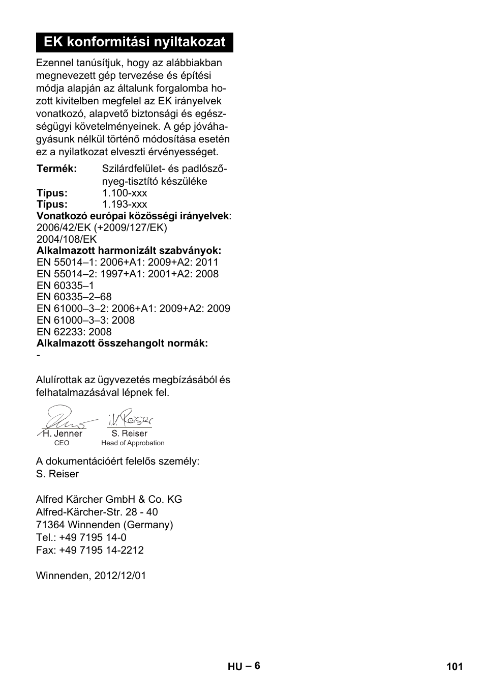 Ek konformitási nyiltakozat | Karcher Puzzi 200 User Manual | Page 101 / 188