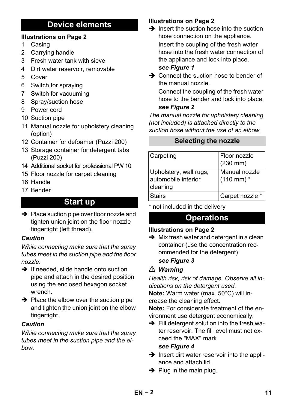 Device elements, Start up, Selecting the nozzle | Operations, Device elements start up | Karcher Puzzi 200 User Manual | Page 11 / 188