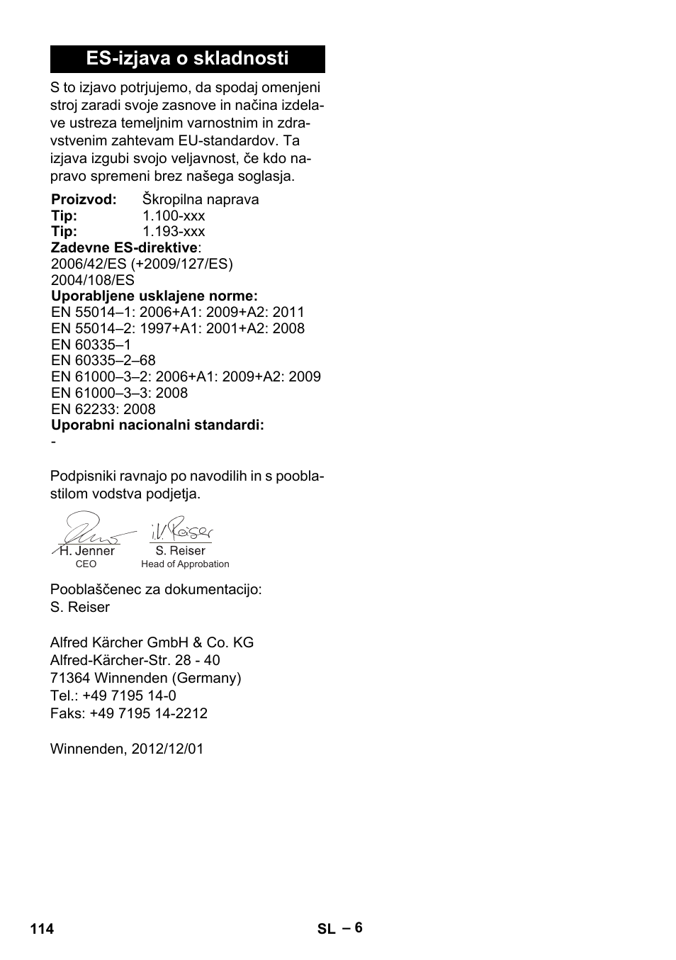 Es-izjava o skladnosti | Karcher Puzzi 200 User Manual | Page 114 / 188