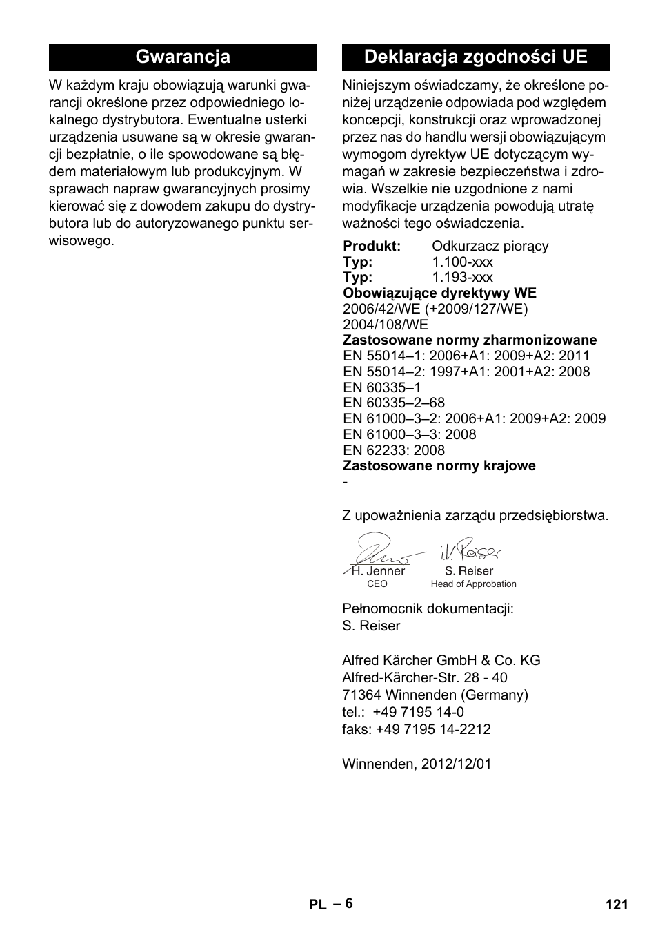 Gwarancja, Deklaracja zgodności ue, Gwarancja deklaracja zgodności ue | Karcher Puzzi 200 User Manual | Page 121 / 188
