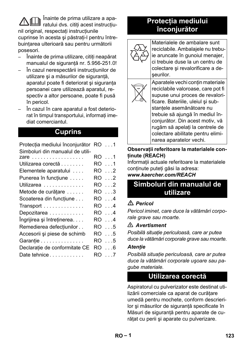Româneşte, Cuprins, Protecţia mediului înconjurător | Simboluri din manualul de utilizare, Utilizarea corectă | Karcher Puzzi 200 User Manual | Page 123 / 188