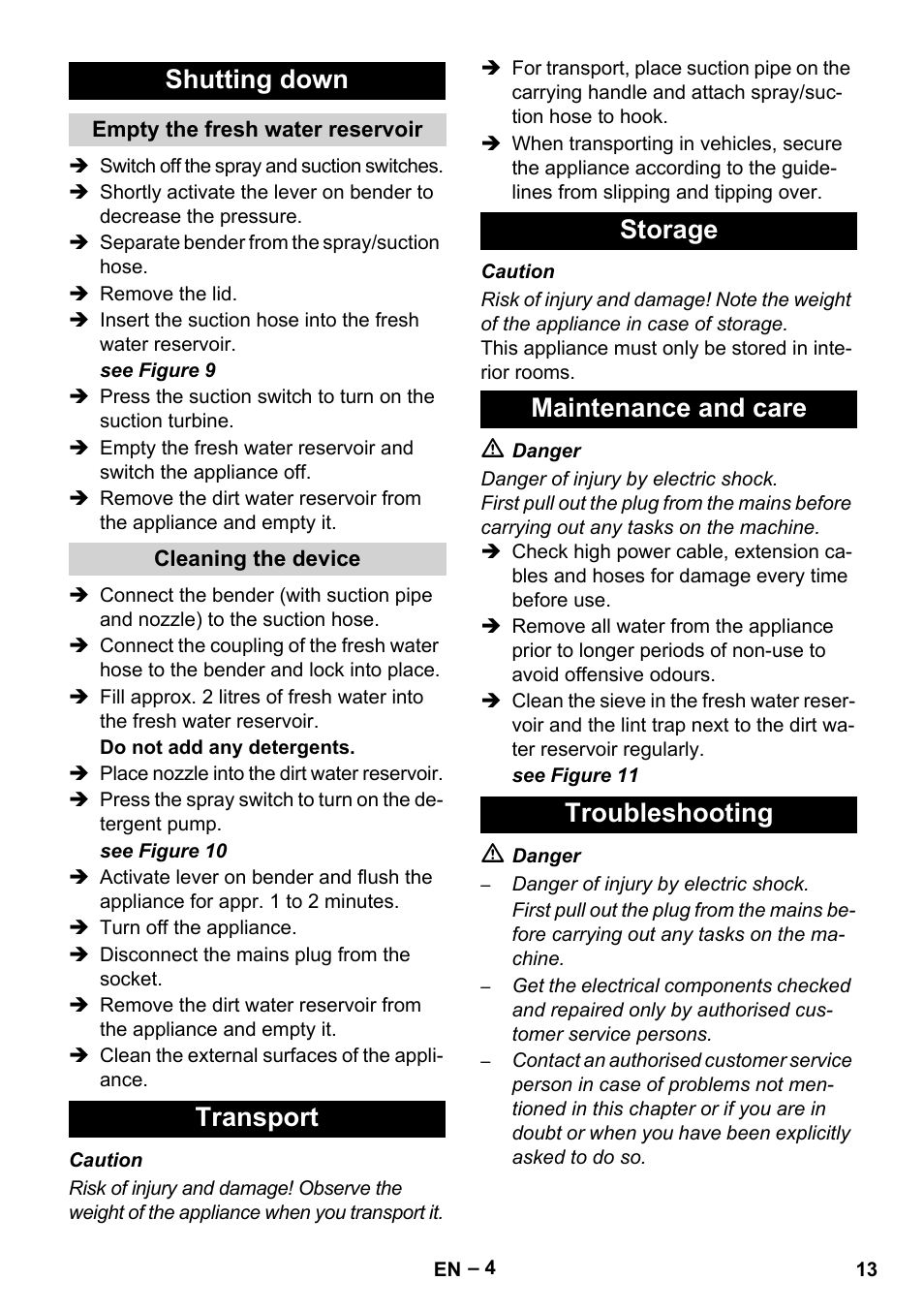 Shutting down, Empty the fresh water reservoir, Cleaning the device | Transport, Storage, Maintenance and care, Troubleshooting | Karcher Puzzi 200 User Manual | Page 13 / 188