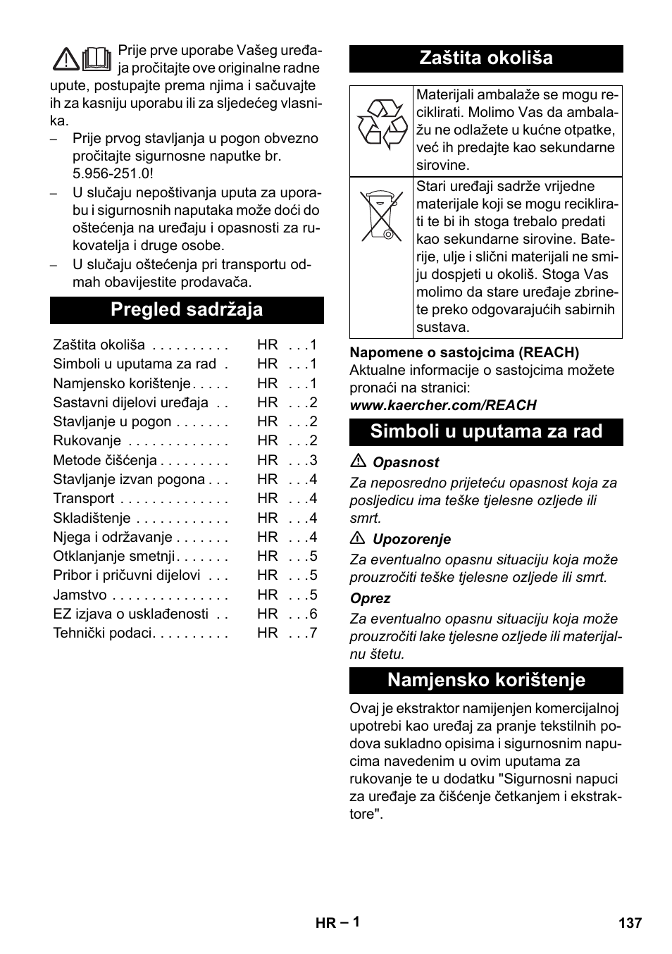 Hrvatski, Pregled sadržaja, Zaštita okoliša | Simboli u uputama za rad, Namjensko korištenje, Simboli u uputama za rad namjensko korištenje | Karcher Puzzi 200 User Manual | Page 137 / 188