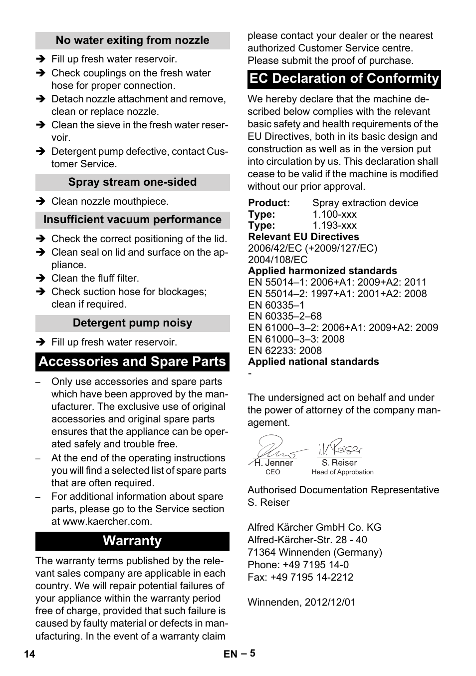 No water exiting from nozzle, Spray stream one-sided, Insufficient vacuum performance | Detergent pump noisy, Accessories and spare parts, Warranty, Ec declaration of conformity | Karcher Puzzi 200 User Manual | Page 14 / 188