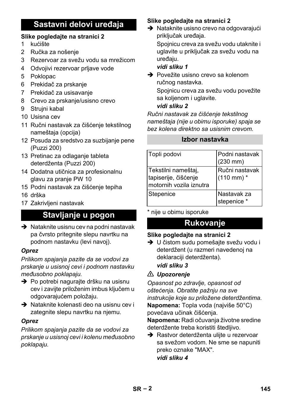 Sastavni delovi uređaja, Stavljanje u pogon, Izbor nastavka | Rukovanje, Sastavni delovi uređaja stavljanje u pogon | Karcher Puzzi 200 User Manual | Page 145 / 188