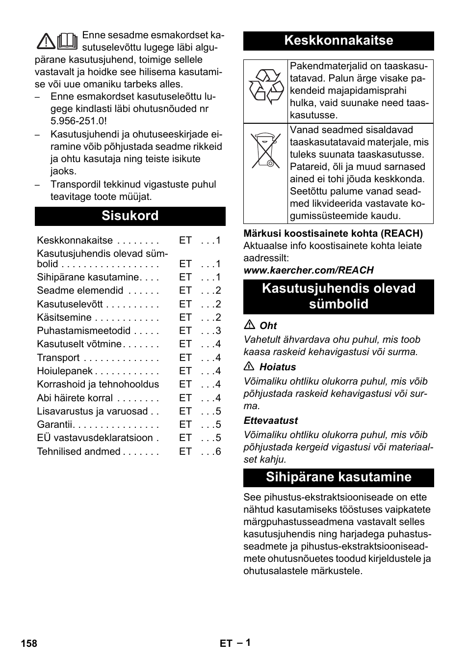 Eesti, Sisukord, Keskkonnakaitse | Kasutusjuhendis olevad sümbolid, Sihipärane kasutamine | Karcher Puzzi 200 User Manual | Page 158 / 188