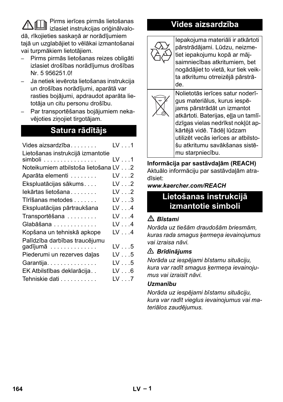 Latviešu, Satura rādītājs, Vides aizsardzība | Lietošanas instrukcijā izmantotie simboli | Karcher Puzzi 200 User Manual | Page 164 / 188